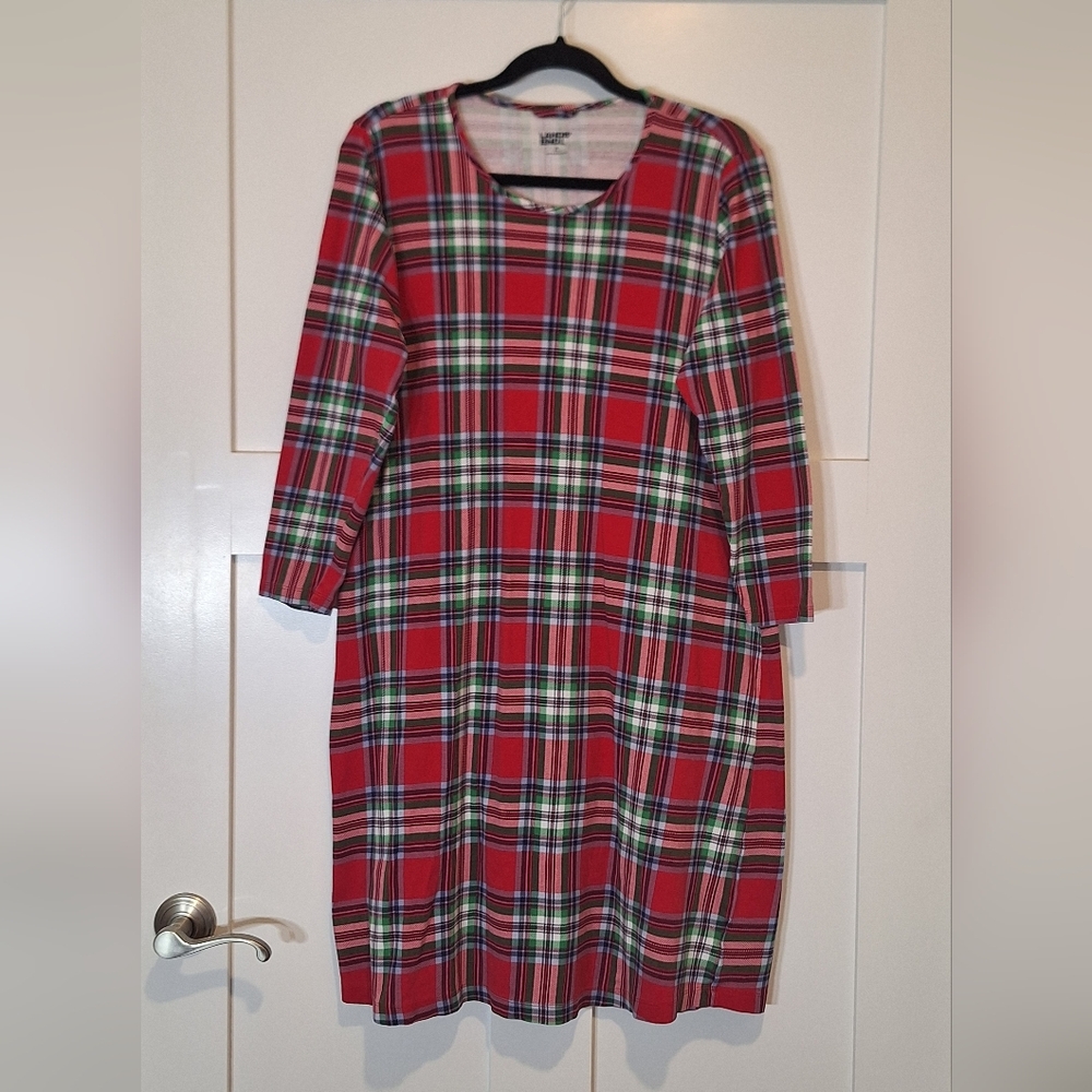 Lands' End Cotton Plaid Pull Over Nightgown Red Green Stretch Size Medium 10-12